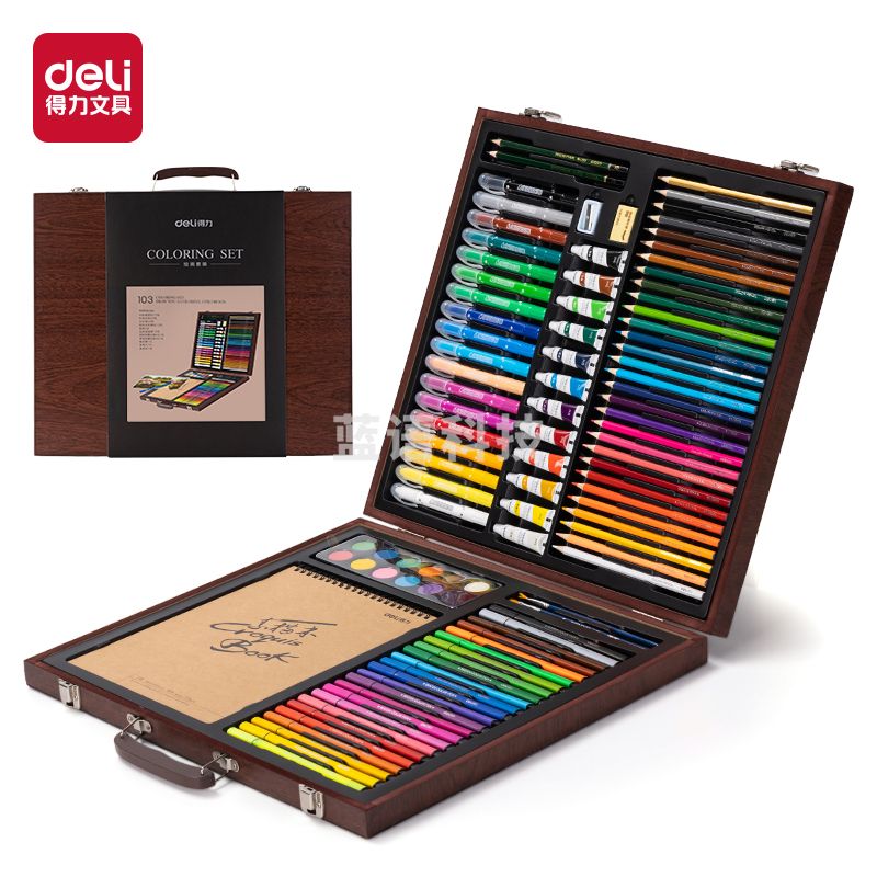 得力水彩笔绘画套装幼儿园专业美术绘画笔小学生文具礼盒可水洗彩笔涂鸦宝宝学习用品开学季礼物生日礼物 【103件】绘画套装-木质礼盒 75403