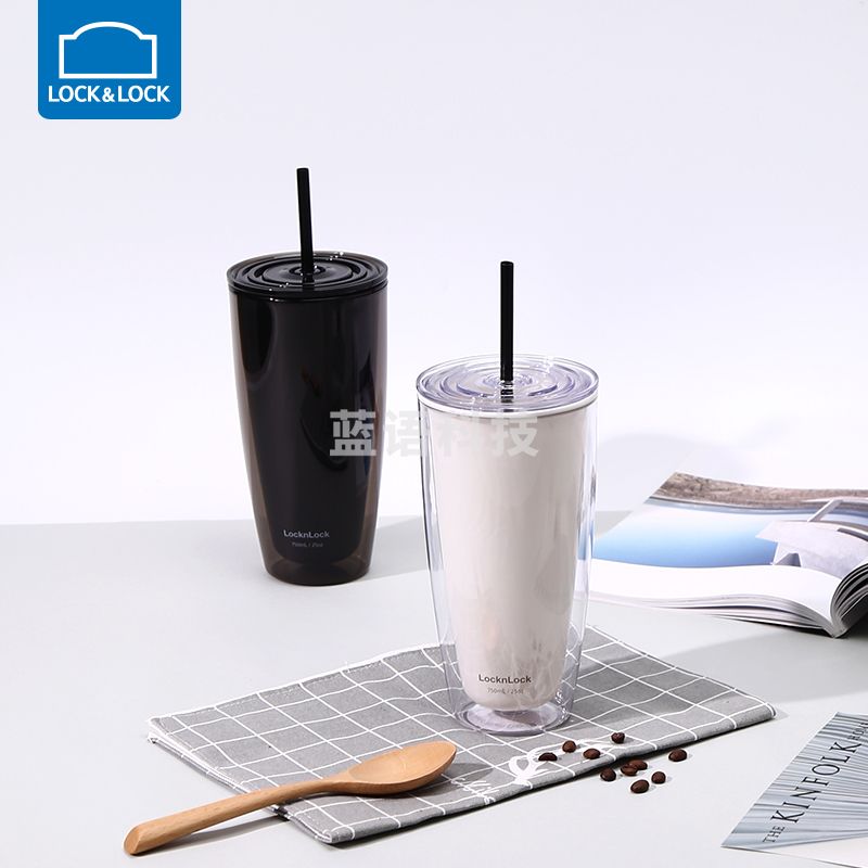 乐扣乐扣(lock&amp;lock)双层简约桌面办公学生吸管塑料杯 750ML HAP507(个)