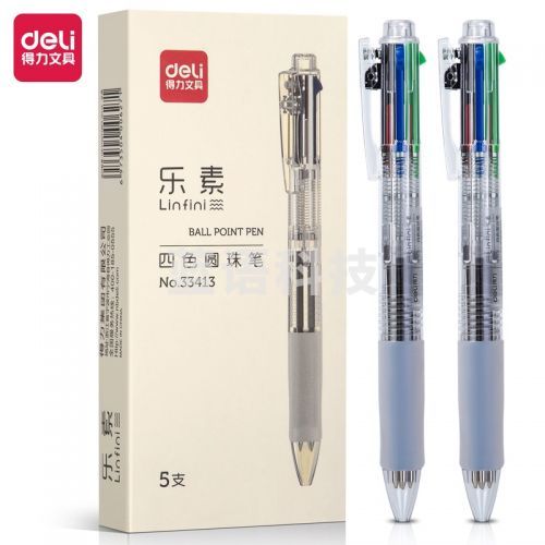 得力(deli) 33413 多功能4色圆珠笔 0.7mm子弹头按动笔原子笔中油笔 (黑红蓝绿) 5支/盒装