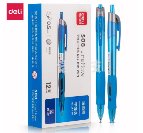 得力/deli S08臻顺滑办公中性笔 签字笔 0.5mm子弹头按动笔 水笔  蓝色 12支/盒
