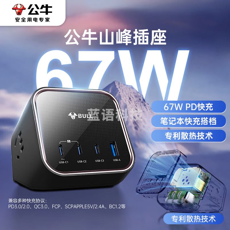 公牛(BULL)67W PD苹果快充笔记本多功能插座/插线板/插排/接线板 USB(3C1A)+3插孔 全长1.5米 GNV-MS1673