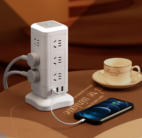 立式插座多孔插线板USB插排 3层U灯(12插位+3USB+灯)1.8米
