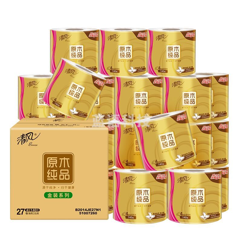 清风有芯卷纸B2014JE27N1 原木金装 4层加厚140克*27卷 卫生纸卷筒纸纸巾 整箱
