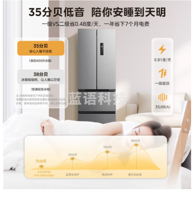 美的(Midea)417 M60 系列法式门多门四开门一级双变频风冷无霜大容量净味家用智能电冰箱 MR-417WFPE