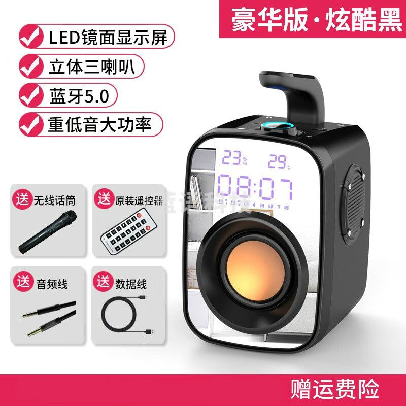 索爱（suoai） SH25无线蓝牙音箱大音量音响重低音炮便携式广场舞户外车载收音家收款扩音器 豪华版炫酷黑【LED显示屏+原装遥控器+无线话筒】