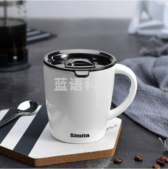 施密特Simita不锈钢马克杯咖啡杯带盖男女士学生简约文艺大容量喝水咖啡办公家用喝水杯子 白色
