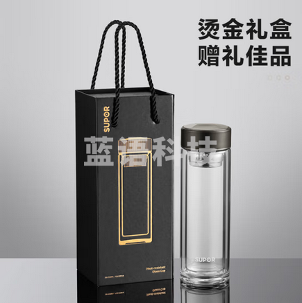 苏泊尔（SUPOR）双层玻璃杯茶杯男士办公送礼茶水分离杯耐高温泡茶车载商务水杯子 礼盒款-楠木黑400ml