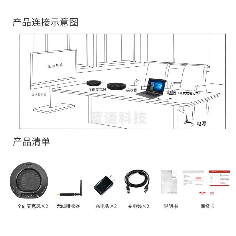 润普（Runpu）    视频会议全向麦克风 2.4G无线级联一拖二/可3.5外接有源音箱会议室麦克风 RP-N60W