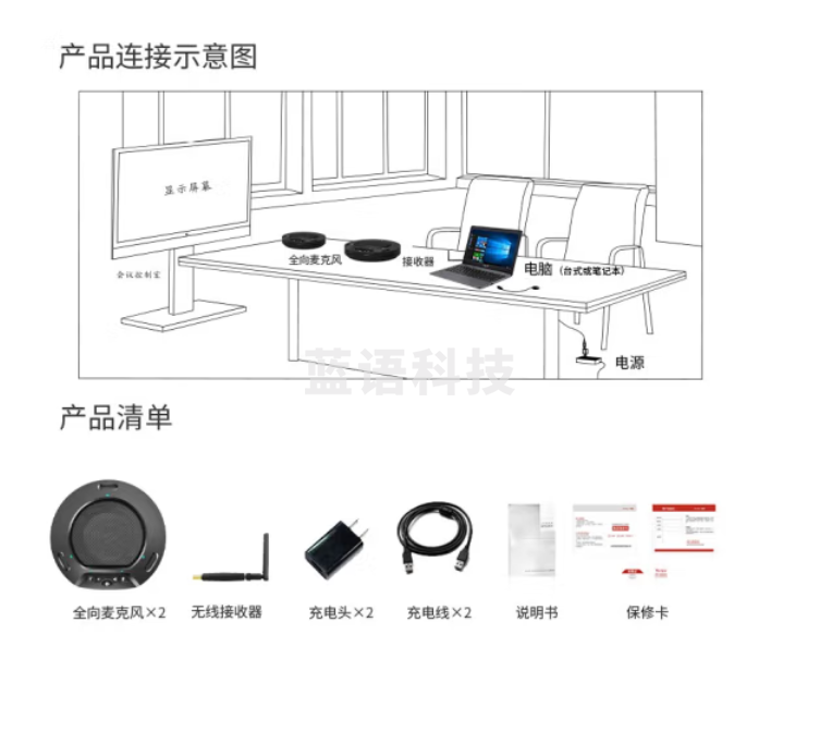 润普 Runpu 视频会议全向麦克风 2.4G无线级联一拖二/可3.5外接有源音箱会议室麦克风 RP-N60W