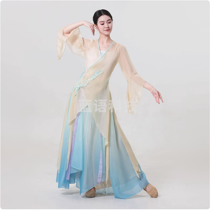 古典舞蹈服女飘逸身韵蝴蝶渐变雪纺纱衣舞训练功中国舞蹈演出服 裸杏色套装 【渐变纱衣+吊带+阔腿裤】S/M/L/XL码数