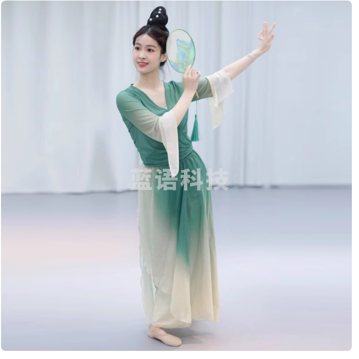 醉清波古典舞演出服绿萝裙剧目舞飘逸套装舞蹈裙裤渐变纱衣中国舞 绿色渐变纱衣+裙裤+吊带  S/M/L/XL/XXL 儿童码130/140/150码数