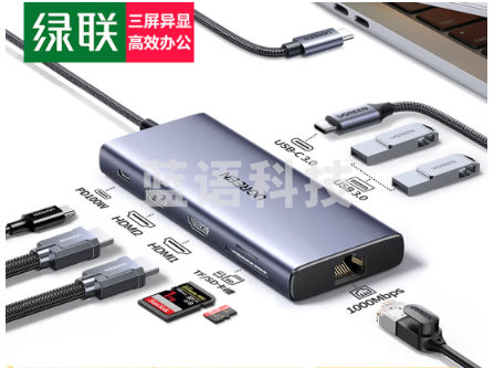 绿联(UGREEN)45108 Type-C扩展坞USB-C转双HDMI雷电4/5拓展坞三屏异显分屏4K多屏剪辑扩展HUB3.0分线器