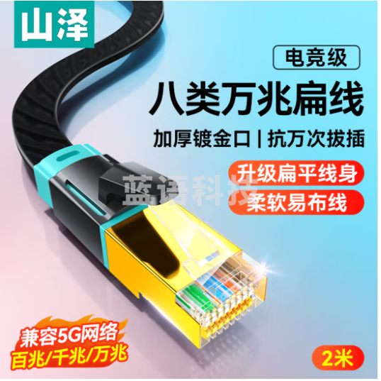 山泽八类万兆网线电竞级网络扁平跳线CAT8纯铜双屏蔽8芯双绞电脑宽带连接黑色2米 BX8020H