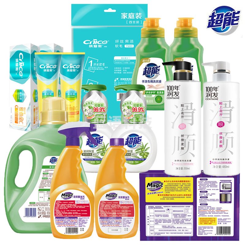 超能/纳爱斯/妙管家/100年润发 家庭清洁个护组合（SD) 5950g+1476ml+牙刷4支