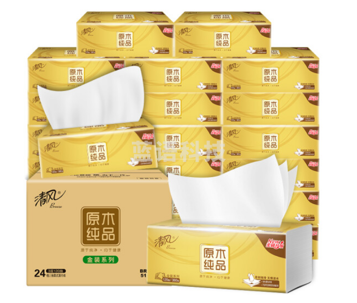 清风抽纸 纸巾BR14SJE4面巾纸 金装系列 3层120抽*24包/箱