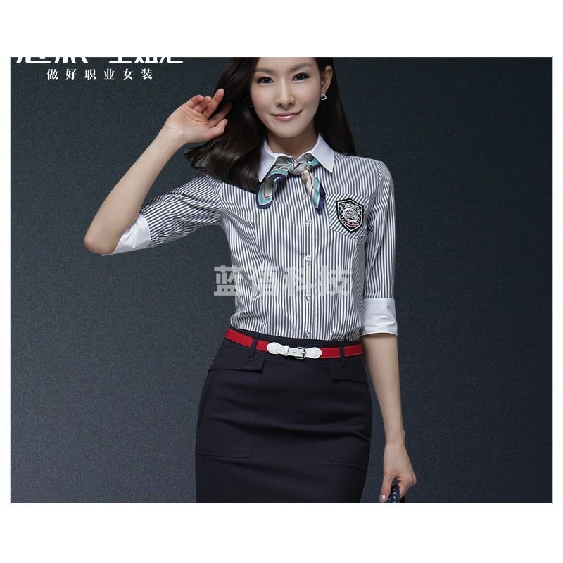 LY 夏季职业装女短袖衬衫时尚前台工作服女条纹空姐制服套装