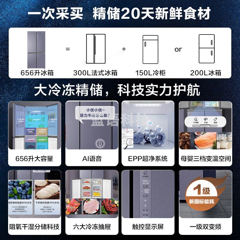海尔656升智享系列双变频十字双开门四开门家用电冰箱一级能效风冷无霜超大容量BCD-656WGHTDV9N9U1
