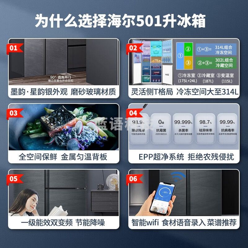 海尔（Haier）冰箱501升多门侧T格局全空间保鲜风冷无霜电冰箱一级双变频EPP超净系统BCD-501WLHTS19SCU1