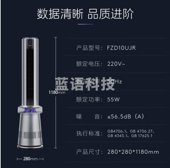 美的（Midea）FZD10UJR四维净化除菌变频电风扇 WiFi可视化除甲醛无叶风扇12档落地轻音双擎动力塔扇