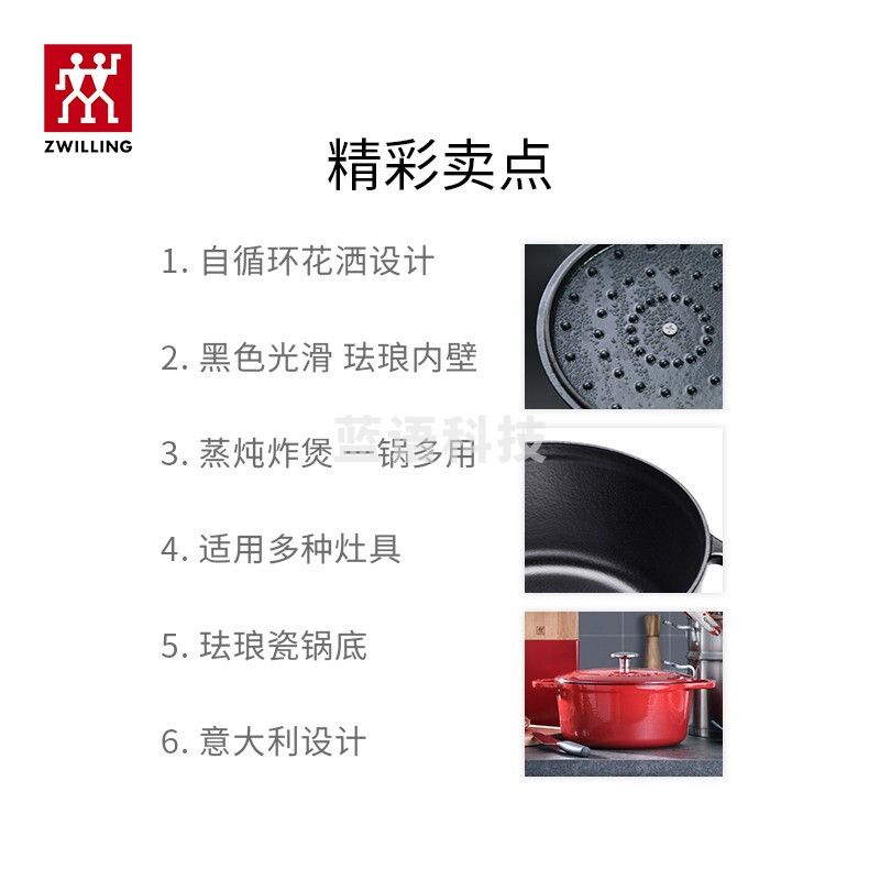 双立人（ZWILLING）汤锅 珐琅锅圆形炖锅铸铁锅煲汤锅炖汤锅炖锅 红色24cm