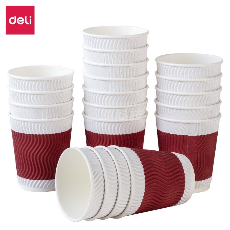 得力(deli)OL19206-44  20只280ml双层一次性纸杯 加厚办公水杯 红色