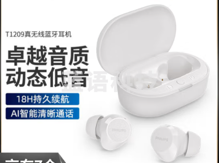 飞利浦（PHILIPS）豆式入耳耳机真无线蓝牙耳机运动耳机游戏耳机回音降噪智能配对苹果华为手机TAT1209白色
