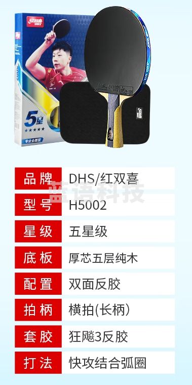 红双喜（DHS）狂飚五星级乒乓球拍横拍双面反胶弧圈结合快攻H5002 附拍套