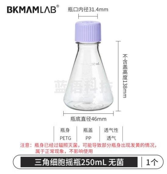 比克曼生物（BKMAM）塑料三角摇瓶无菌细胞摇菌瓶锥形瓶摇菌瓶实验室用培养瓶震荡瓶 250mL 透气盖