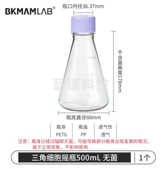 比克曼生物（BKMAM）塑料三角摇瓶无菌细胞摇菌瓶锥形瓶摇菌瓶实验室用培养瓶震荡瓶 500mL 透气盖