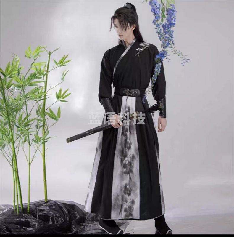汉服民族服装教学用品 墨莲】汉服男交领中国风古装襦裙帅气酷日常春夏季套装墨莲(衣服+腰带+护腕)