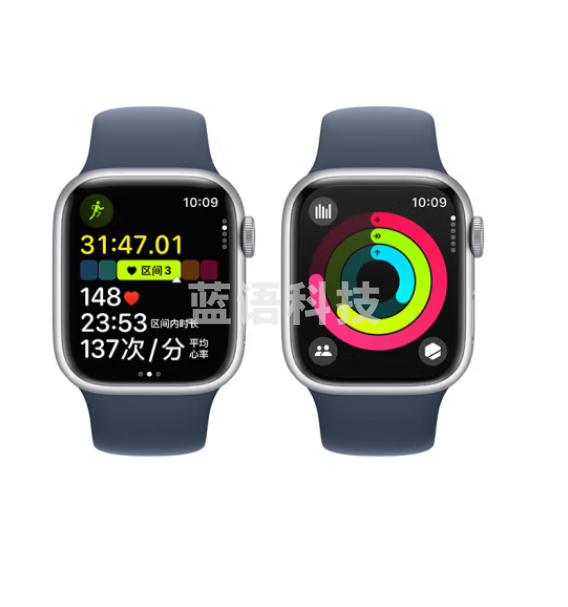 Apple/苹果 Watch Series 9 智能手表GPS款41毫米银色铝金属表壳 风暴蓝色运动型表带S/M MR903CH/A