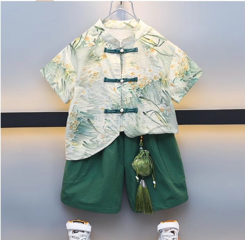 南极人 棉质夏季中式洋气唐装男童中国风汉服套装表演服一套衣长46.5cm，裤长38cm