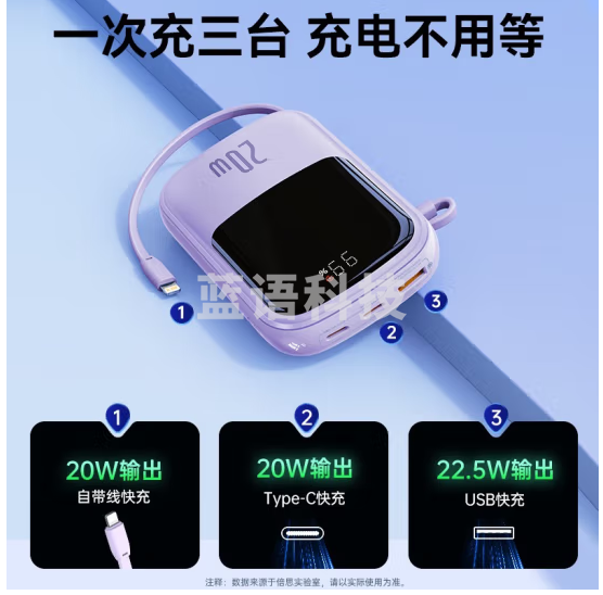 倍思 充电宝自带线20000毫安时20/22.5W超级快充大容量超薄小巧便携移动电源适用苹果华为小米 紫色Q电
