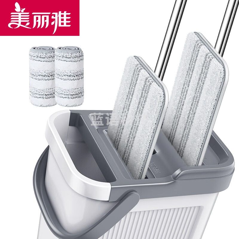 美丽雅 平板拖把双杆双拖 免手洗加大号38cm 一桶+双拖把【共2块布】