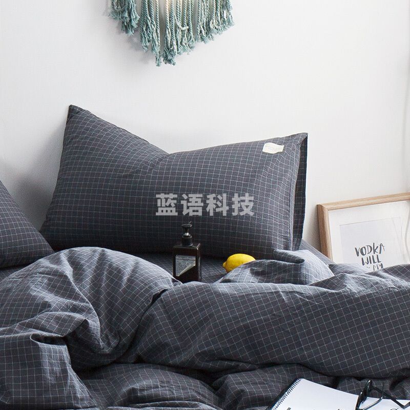 北极绒 全棉枕套 纯棉枕头套色织水洗棉枕芯套 小灰格48*74cm一只装