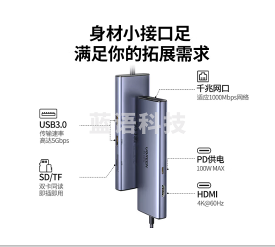 绿联（UGREEN）60515 Type-C扩展坞USB-C雷电4拓展坞HDMI转换器4K60Hz网线hub分线器读卡适用华为苹果MacBook/Mac mini  七合一  投屏+千兆+双读卡 4K60HZ