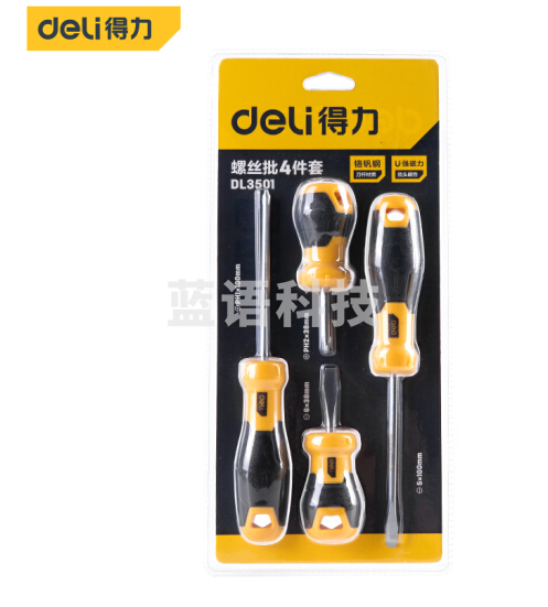 得力（deli） 铬钒钢橡胶柄螺丝刀十字一字两用带磁螺丝批4件套 DL3501