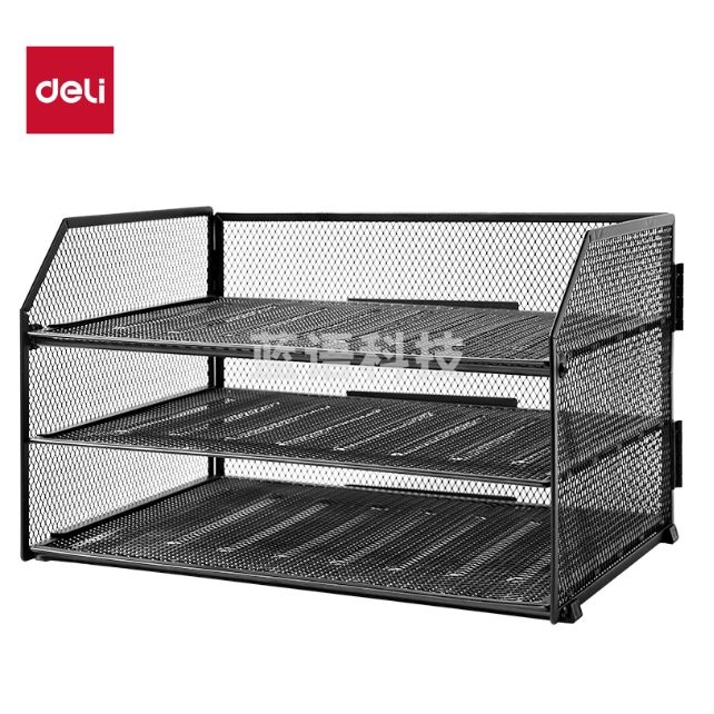 得力（deli）折叠三层文件座金属文件栏文件框文件筐铁资料整理置物架三层 黑色