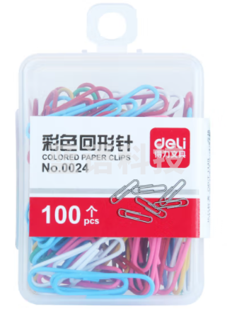 得力（deli）0024 彩色回形针 多色混合 办公用品 100枚/盒 10盒装 10盒起售