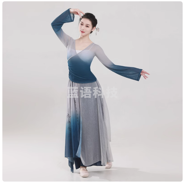 古典舞蹈服民族中国风身韵超仙渐变纱衣裙裤现代舞艺考练功表演服 藏青渐变纱衣+吊带+书法裙裤 套装 S/M/L/XL/XXL码数