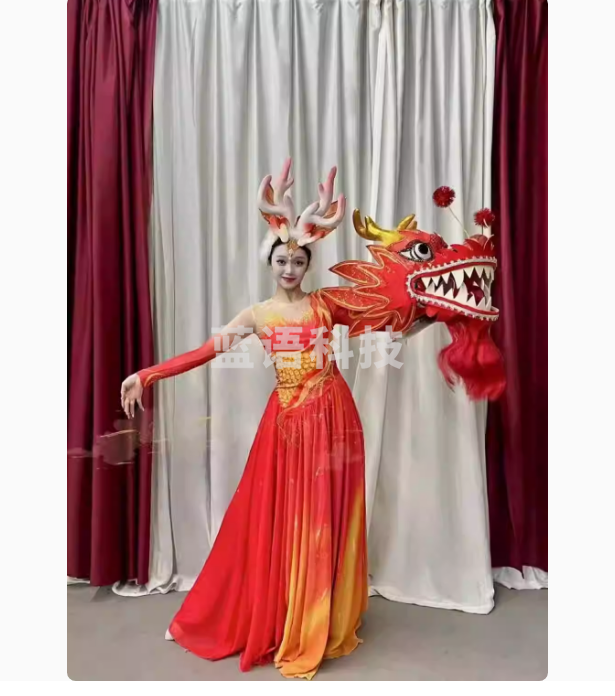 龙年龙吟九州鲤鱼跃龙门女舞蹈服龙凤呈祥开场舞龙表演服大摆裙 红色服装 S/M/L/XL码数