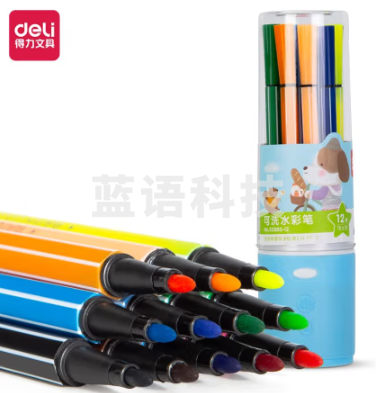 得力 7060-12色 细六角杆水彩笔  桶装