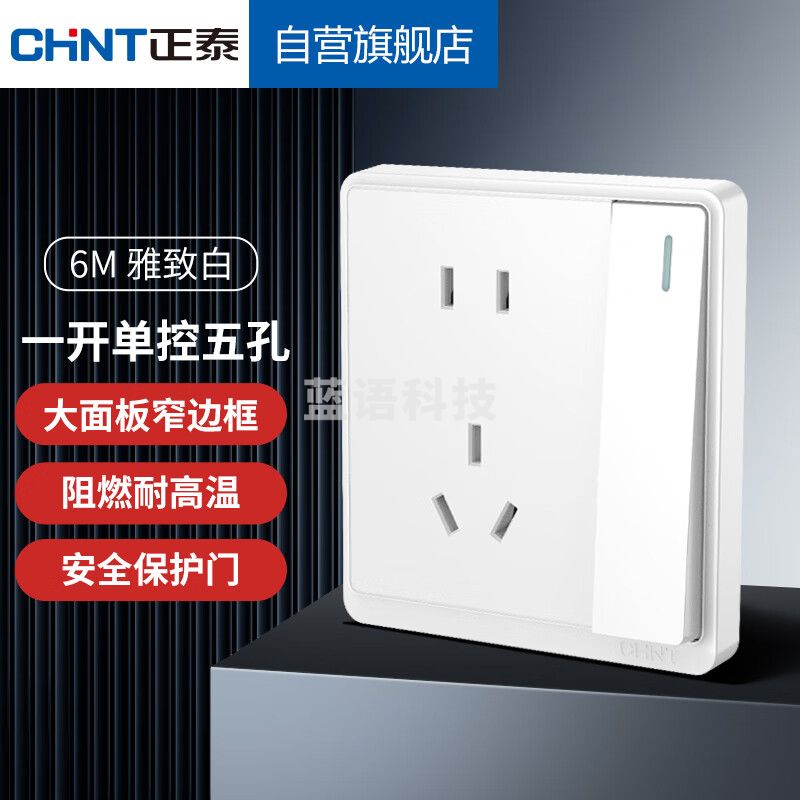 正泰（CHNT）86型墙壁面板家用暗装面板一开单控 五孔插座6M白色 26598