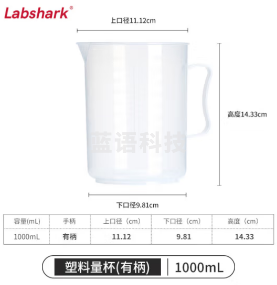 比克曼生物 LABSHARK 塑料量杯带刻度加厚具嘴透明大容量带柄无柄PP材质耐热耐高温实验室用品【有柄】1000mL 10个