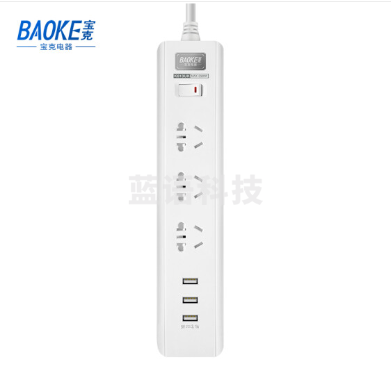 宝克(BAOKE)USB插座 插排/插线板/排插/接线板/拖线板 3USB接口+3组合孔位 总控全长3米 K613U-3K