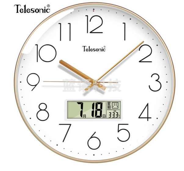 天王星（Telesonic） 挂钟 客厅万年历钟表3D立体创意双日历温度时钟简约石英钟薄边挂表 奢时金35CM日历款