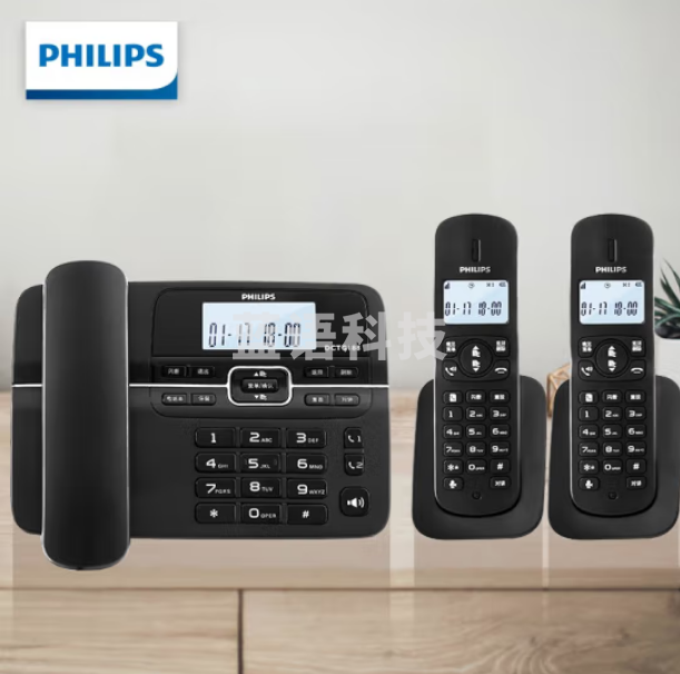 飞利浦（PHILIPS）HWDCD9889(188)TSD一拖二 数字无绳电话机 座机 子母机 免提一键拨号 黑色