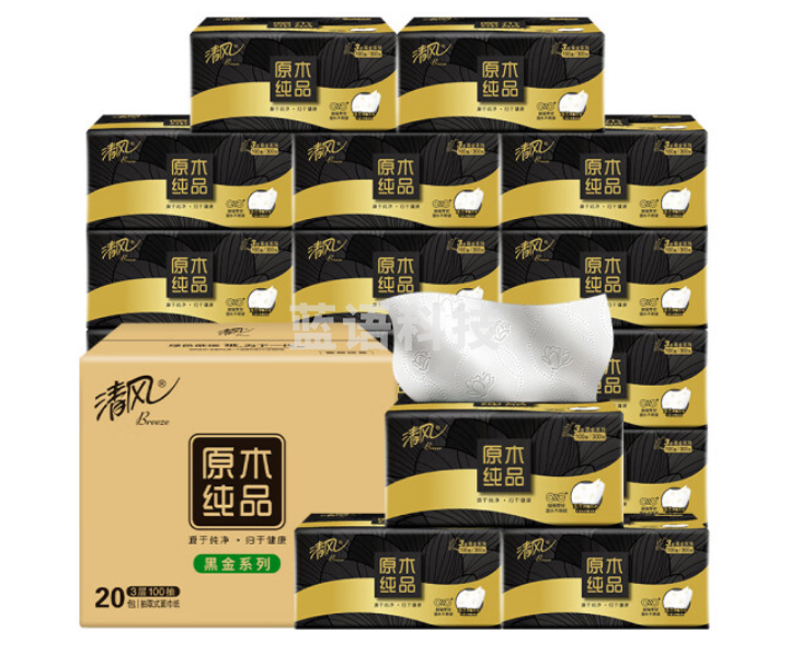 清风抽纸BR12MHJE纸巾 黑金厚韧3层100抽*20包/箱