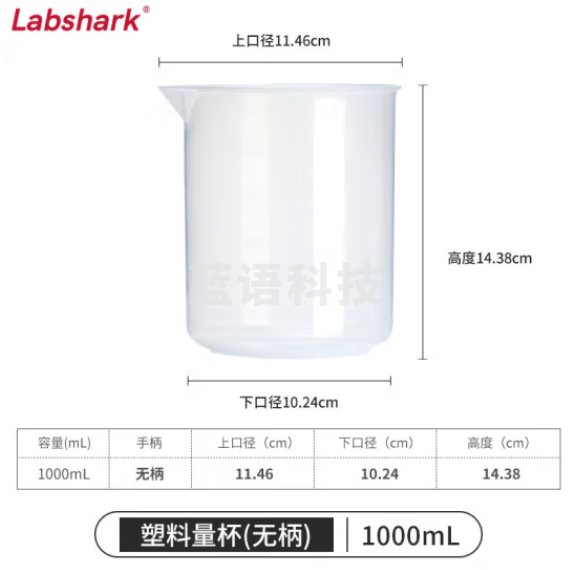 比克曼生物 LABSHARK 塑料量杯带刻度加厚具嘴透明大容量带柄无柄PP材质耐热耐高温实验室用品【无柄】1000mL 10个