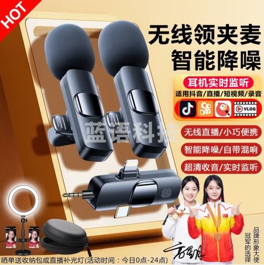 麦克风领夹无线收音麦专业直播唱歌k歌小蜜蜂录音话筒Vlog户外抖音快手录短视频安卓苹果15手机品士 一拖二时尚【苹果安卓相机电脑通用】超长续航